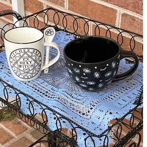 Lot: 2 Gothic Coffee Mugs Evil Eye Hexy Witch Witches Brew Cup with Spoon Wicca